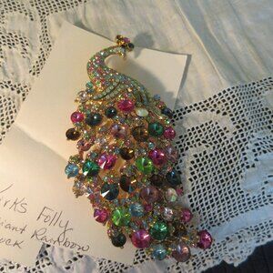 Kirks Folly Radiant Rainbow Peacock Large Rhinestone Peacock Gold Plate